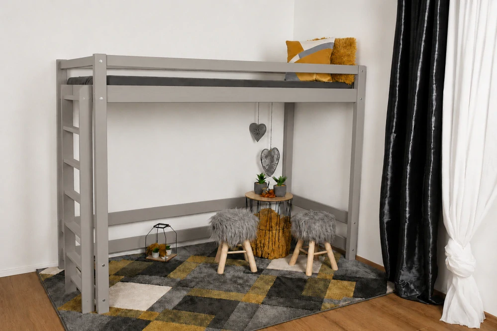 Vyvýšená dětská postel Vali - horní spaní 200 x 120 šedá - průchod 130 cm